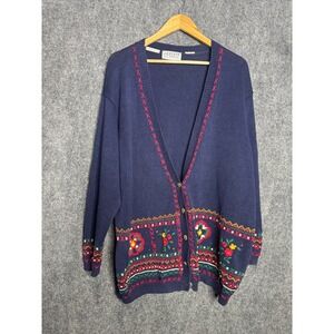 Jantzen Cardigan Sweater Women 3X Blue Embroidered Floral Handknit Casual Winter